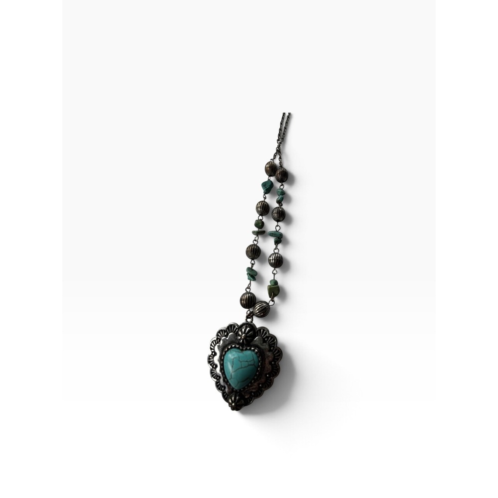 Vintage 90s Faux Turquoise Heart Pendant Necklace Silver Tone Boho Southwestern